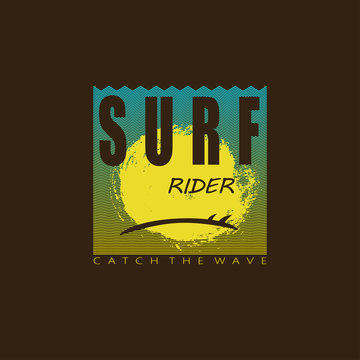 Logo on the theme of surfing and surf rider. Surfing emblem. Vector illustration. Design for t-shirt graphics, poster, banner, flyer, print.