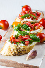 Tomato and cheese fresh made bruschetta. Italian tapas, antipasti with vegetables, herbs and oil on grilled ciabatta and baguette bread.