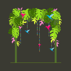 Arch with leaves monstera and hummingbirds. Tropical style. Vector illustration