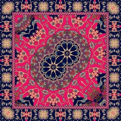 Carpet with a double flower - mandala and bright ornamental frame. Vector illustration. Bandana print or festive tablecloth in ethnic style.