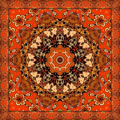 Photo sur Plexiglas Tuiles marocaines Belle nappe ou belle écharpe avec fleur - mandala de style ethnique avec cadre ornemental. Illustration vectorielle. Imprimé festif.