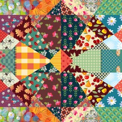 Fototapeta premium Endless patchwork pattern with cute birds, houses, flowers, mushrooms, leaves and abstract prints. Festive vector illustration. Autumn design.