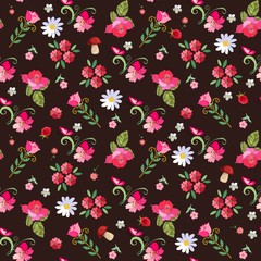 Cute seamless floral pattern with roses, daisies, raspberries, mushrooms and butterflies on dark-brown background. Vector illustration. Print for fabric, paper, wallpaper, wrapping design.