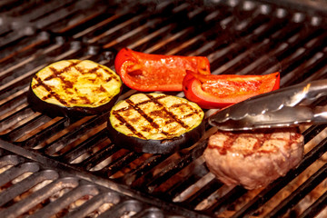 Eggplant, pepper, and beef tenderloin roasted on the grill.