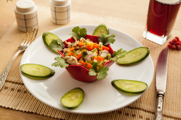 Healthy lunch with vegetables chicken salad and fresh juice, perfect for people on diet. Low calories organic dinner, appetizer with olive oil.