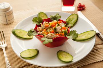 Healthy lunch with vegetables chicken salad and fresh juice, perfect for people on diet. Low calories organic dinner, appetizer with olive oil.