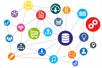 Netzwerk - Datenbank vernetzt mit der Welt. Kommunikation und Austausch in Industrie 4.0