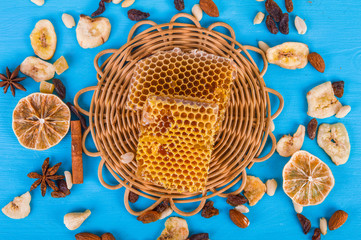 tea and honey on a bright background