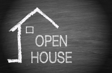 Open House - sketch of house or home with text on blackboard background with copy space for individual text