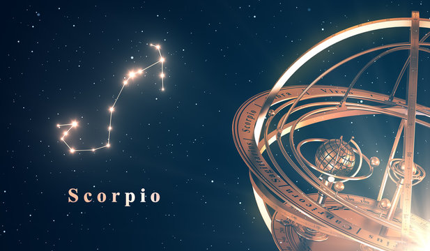 Zodiac Constellation Scorpio And Armillary Sphere Over Blue Background