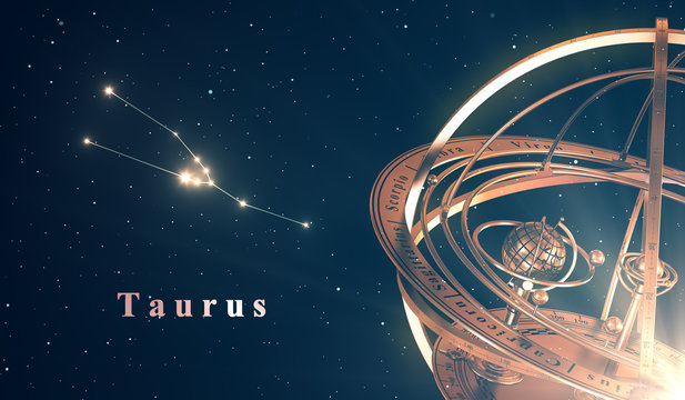 Zodiac Constellation Taurus And Armillary Sphere Over Blue Background