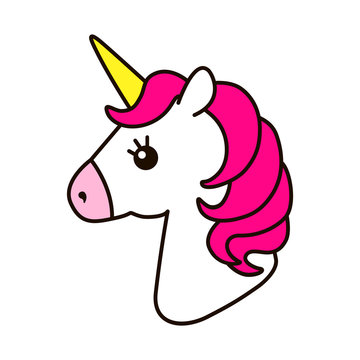 Unicorn vector icon isolated on white. Head portrait horse sticker, patch badge. Magic cartoon fantasy cute animal. Pink hair. Dream symbol. Design for children