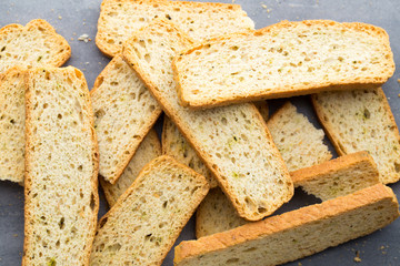 Garlic and herb bread slices. Eco food.