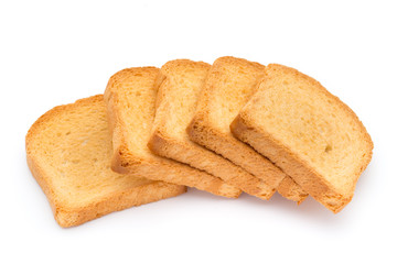 Slices of toast bread on wooden table, top view.