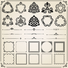Vintage set of square, round and horizontal elements. Different vector elements for decoration and design frames, cards, menus, backgrounds and monograms. Classic patterns. Set of vintage patterns