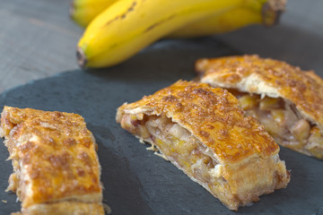 Some slices of homemade banana strudel.