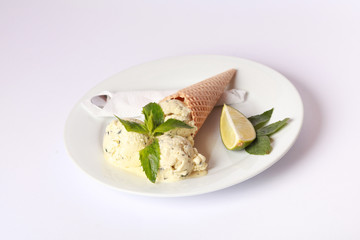 Mint ice cream on a white background