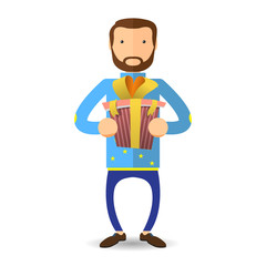 Vector illustration Happy man holding gift box with bow