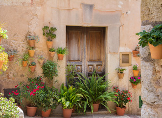Fototapeta na wymiar doorway with flowers in mediterranean village