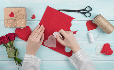 Valentine day theme. Top view of workplace.