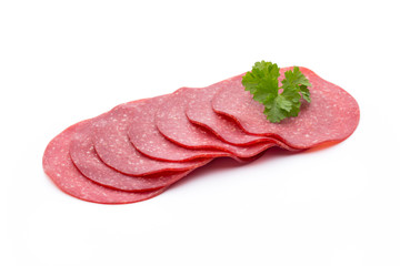 Salami smoked sausage one slice isolated on white background cut