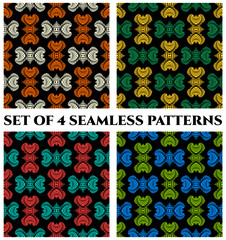 Set of 4 contemporary seamless patterns with colorful decorative ornament on black background