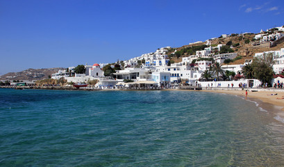 Fototapeta na wymiar Mykonos town and blue sea