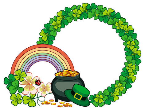 Round frame with shamrock and leprechaun pot of gold. Vector clip art.