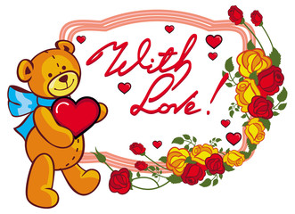 Oval label with red roses and cute teddy bear holding a big heart.