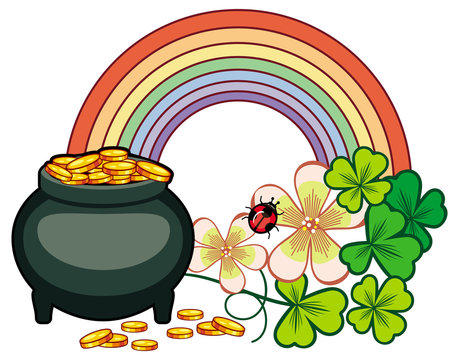 Holiday Label With Shamrock, Rainbow And Leprechaun Pot Of Gold. Vector Clip Art