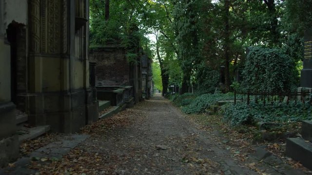 A moving shot that goes down a gloomy cemetery path lined with mausoleums, tombstones, vines, and trees. Olsany Cemetery, Prague. 4k.