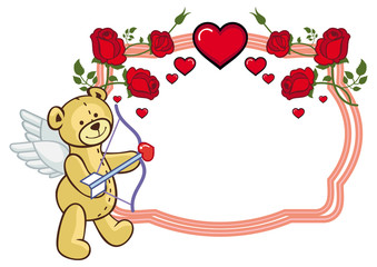 Color frame with roses and teddy bear with bow and wings, looks like a Cupid.
