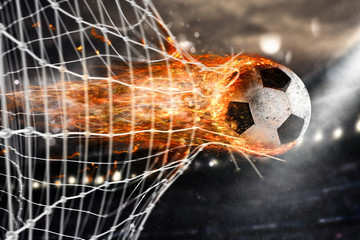 Fototapeta Soccer fireball scores a goal on the net obraz