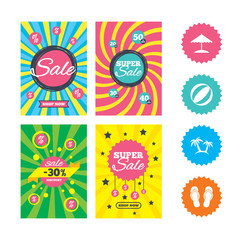 Beach holidays icons. Umbrella and sandals.