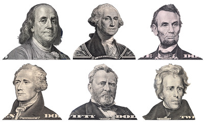 George Washington, Benjamin Franklin, Abraham Lincoln, Alexander Hamilton, Andrew Jackson, Ulysses Grant faces from US dollar bills isolated, United States presidents, money closeup - obrazy, fototapety, plakaty