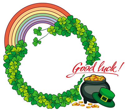 Round frame with rainbow and a pot of gold. Vector clip art.
