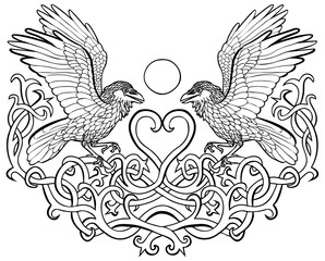 Fototapeta na wymiar Vector illustration of ravens in love celtic ornament black and white