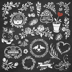 Vintage Chalk Drawn Flowers, Vignettes and Labels for St. Valentine's Day
