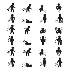 People icon set. People farting in various positions and bad odor. Vector.