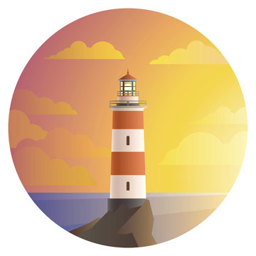 vector lighthouse with beautiful landscape of ocean round icon. flat house tower with sea and sky symbol, cartoon style illustration. seaside build sign design.