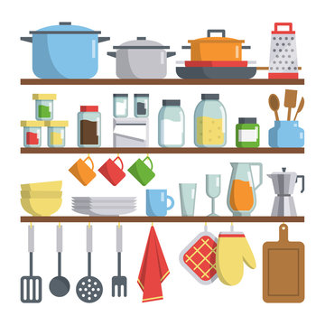 Set Of Vector Kitchen Equipments On Shelf Isolated On White Background. Kitchen Tools Objects Big Collection. Bright Flat Design Cartoon Style. Household Illustration. 