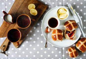 Easter breakfast with traditional hot Cross Bun and jam. From ab