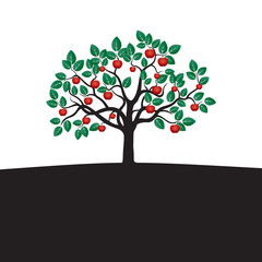 Obraz premium Young Tree with Green Leafs, Roots and Red Apple.Vector Illustra