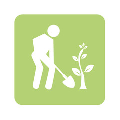 opaque green background with man with shovel and tree vector illustration