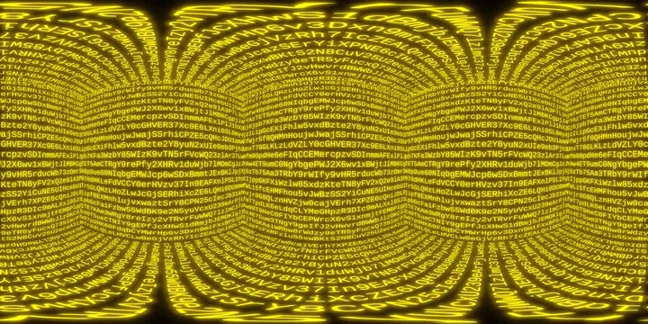 360VR Video. Matrix cube. 360 degree virtual reality video. Yellow, alphanumeric variant, loop able