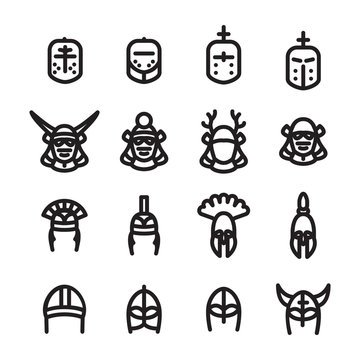 Helmets icon set. Medieval, Samurai, Roman, Greek and Viking helmets icon set. Vector.