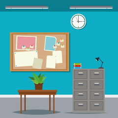 work time desk table cabinet file clock plant vector illustration