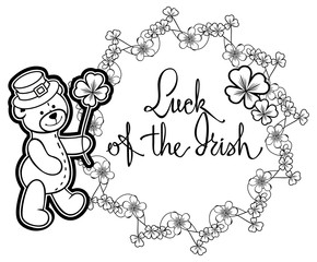 Outline round frame with shamrock contour and teddy bear. Vector clip art.