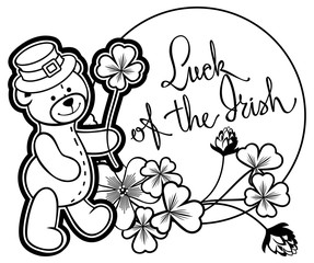 Outline round frame with shamrock contour and teddy bear. Vector clip art.