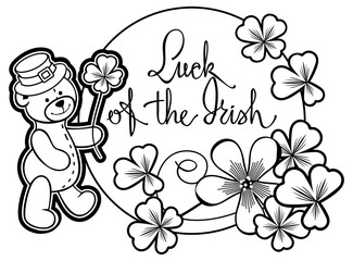 Outline round frame with shamrock contour and teddy bear. Vector clip art.